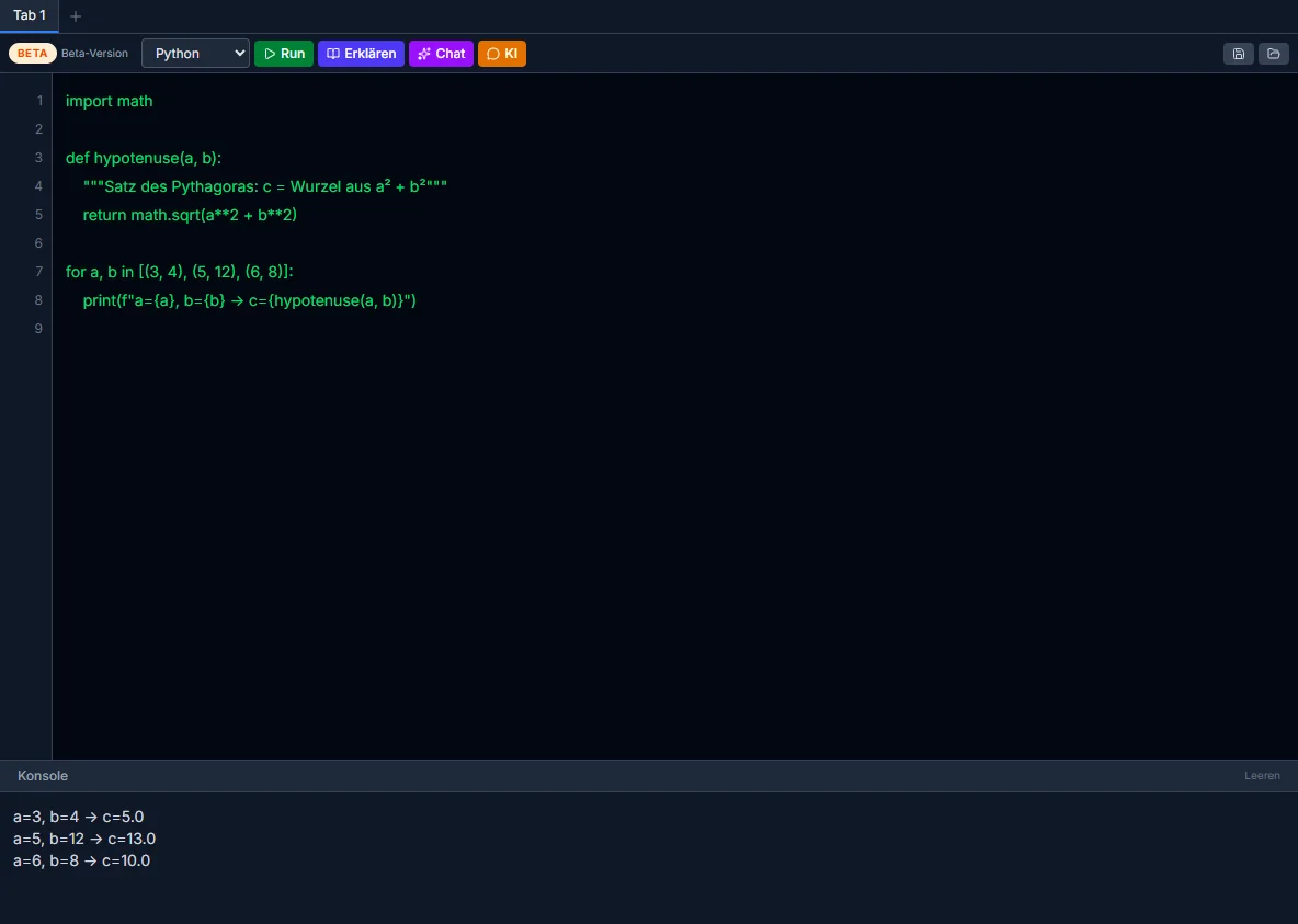 Code-Assistent der SchulKI mit einem Python-Programm zum Satz des Pythagoras und der Ausgabe in der Konsole