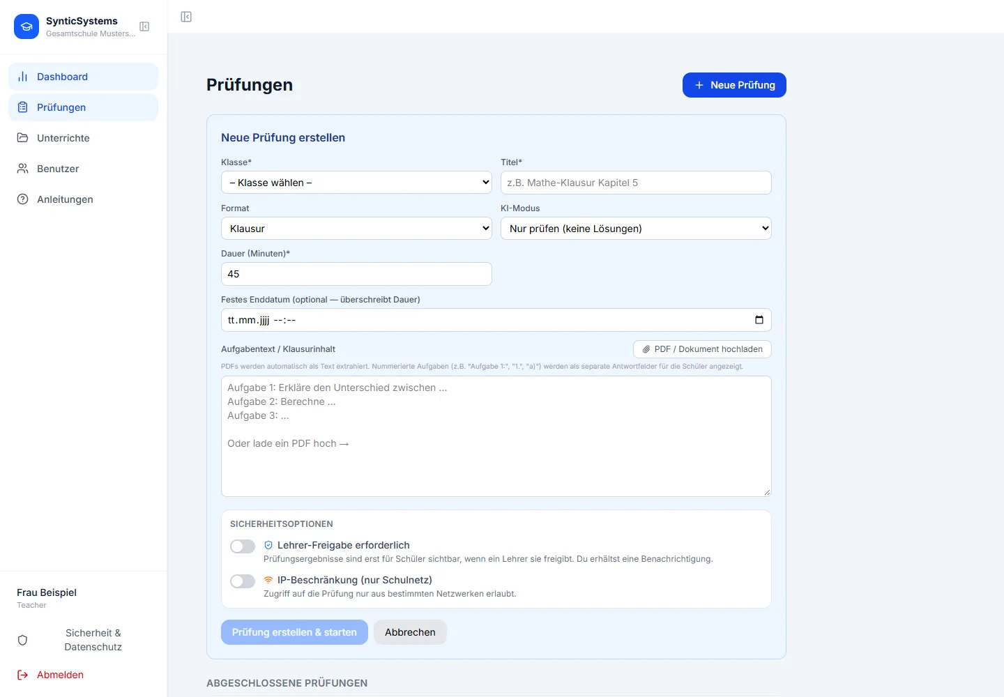 Formular Neue Prüfung erstellen mit Klasse, Titel, Format, KI-Modus, Dauer, Aufgabentext und Sicherheitsoptionen
