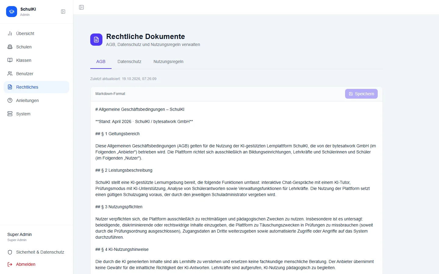 Editor für rechtliche Dokumente der SchulKI mit Reitern AGB, Datenschutz und Nutzungsregeln